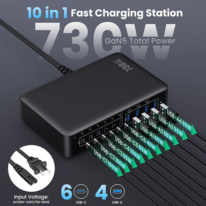 730W USB C Charger Block, 10-Ports GaN V Fast Charging Station Hub, QC4.0+3 PD - Image 2