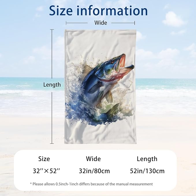 WZOMT Bass Fish Beach Towel Blanket Fishing Towels, Funny Bass Green White - Image 3