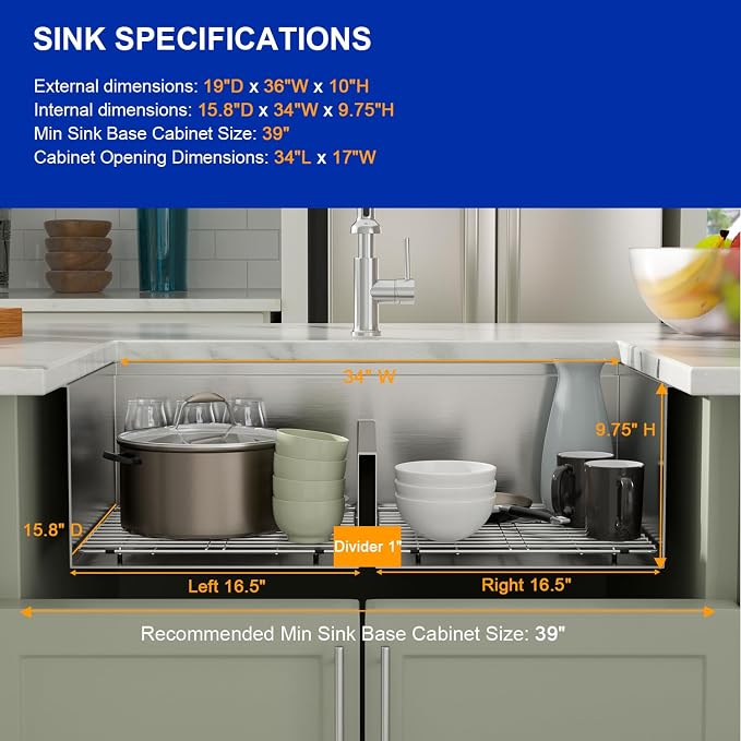 Dcolora 36 Inch Large Double Bowl Low-Divide Kitchen Sink Undermount 16 Gauge - Image 4