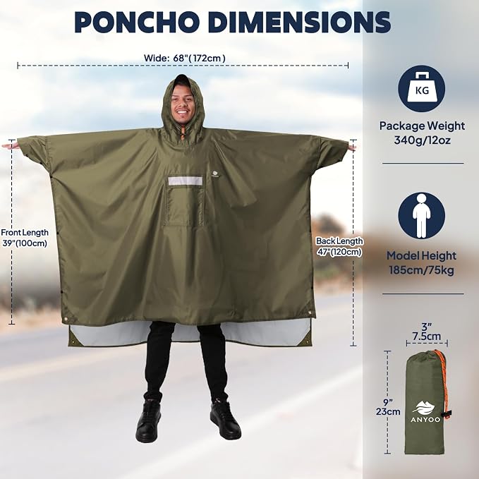 ANYOO Hooded Rain Poncho for Adults Waterproof Lightweight Rain Coat for Men - Image 2