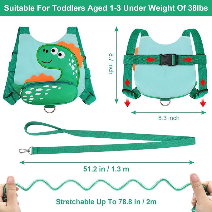 Accmor 3 in 1 Toddler Harness Leash + Baby Anti Lost Wrist Link, Cute Dinosaur - Image 2