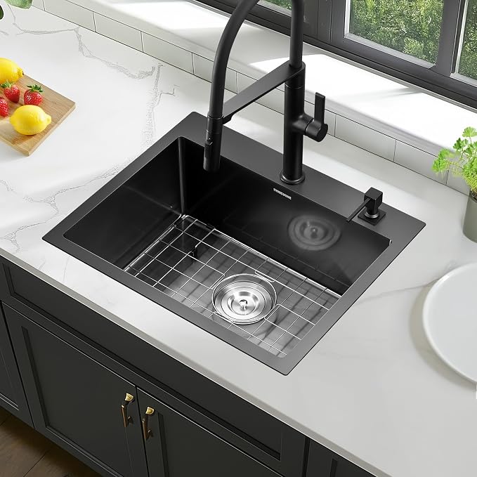 Black Kitchen Sink Drop-In 22 x 18 inch, SINKVINE PVD Nano Stainless Steel Bar - Image 2