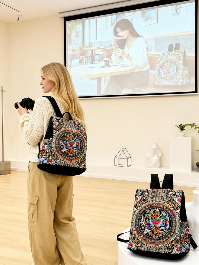 Jursccu Embroidered Women Backpack Purse, Fashion Canvas Travel Anti-theft - Image 6