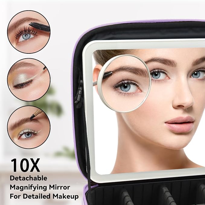 Travel Makeup Bag with LED Mirror and 10x magnifying glass with 3 Lighted - Image 2
