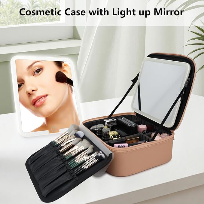 Travel Makeup Bag with LED Mirror Travel Makeup Organizer with 3 Lighted - Image 3