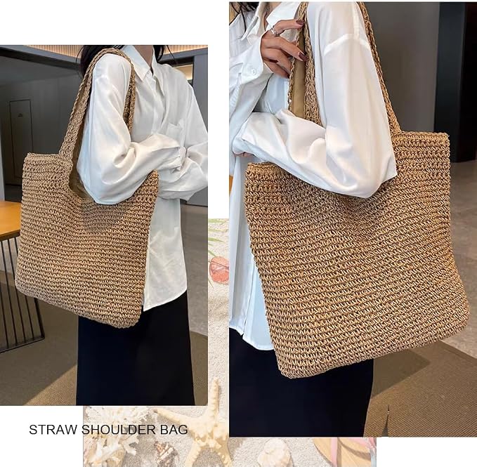 Straw Beach Bags for Women Woven Beach Tote Bag Casual Boho Large Shoulder - Image 7