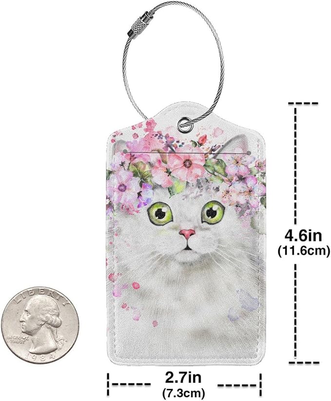2 Pcs Cute White Cat with Pink Flowers Pattern Leather Luggage Tags, Funny - Image 5