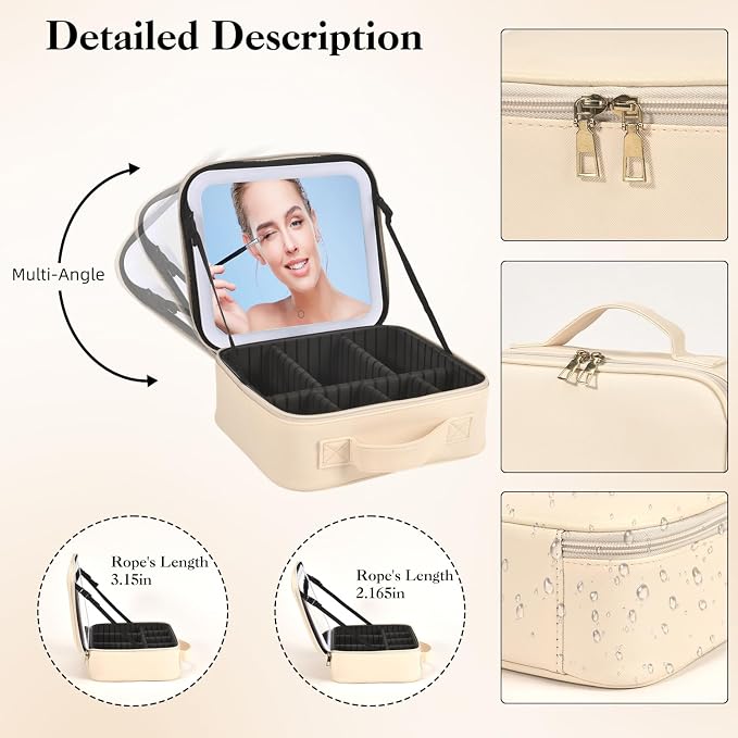 Travel Makeup Bag With LED Mirror, Makeup Travel Train Case with 3 Color Setting - Image 6