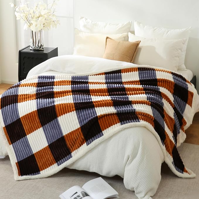 PU MEI Sherpa Blanket Twin Plaid Thick Bed Blanket, 80”*90” Super Soft Flannel - Image 6