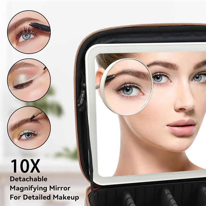 Travel Makeup Bag with LED Mirror and 10x magnifying glass with 3 Lighted - Image 2