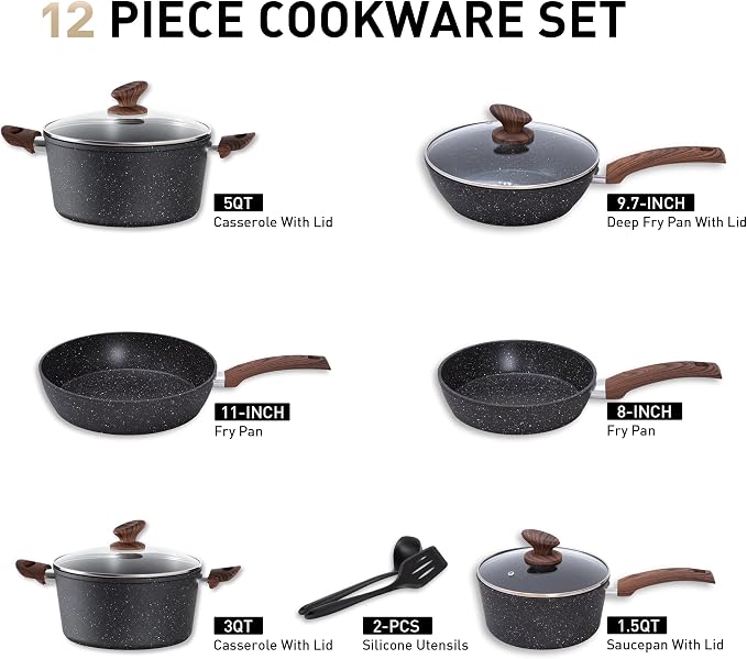 MAISON ARTS Pots and Pans Set Non Stick, 12 Piece Black Granite Kitchen - Image 2