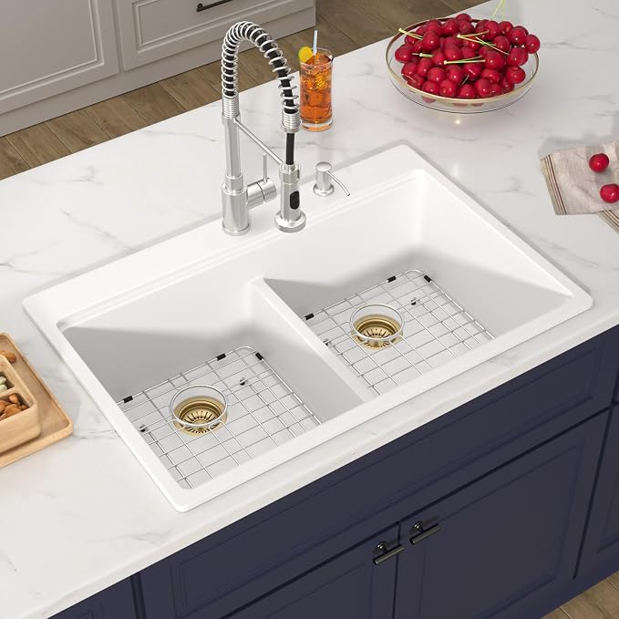 33 Inch Quartz Drop In White Kitchen Sink-Donsdey Double Bowl Topmount Granite - Image 4