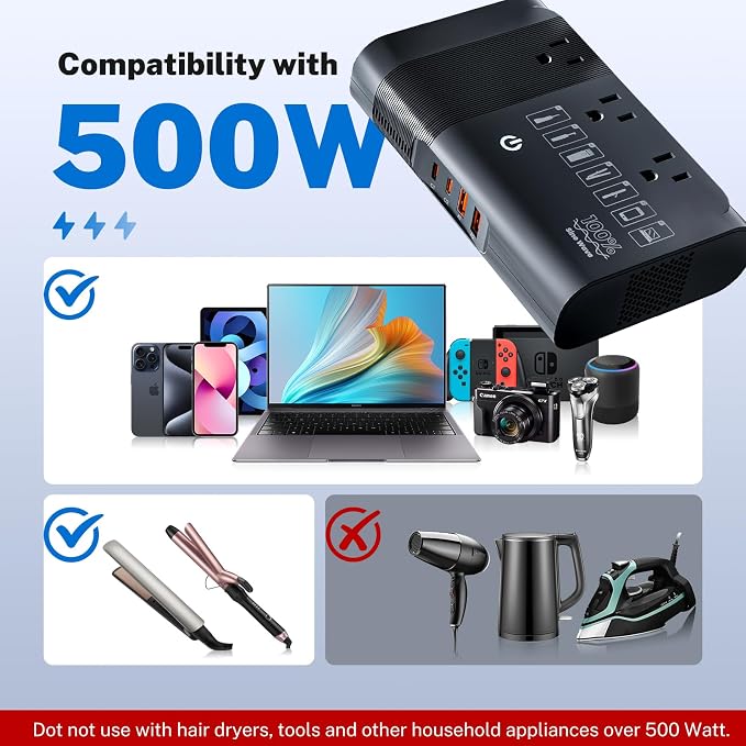 DOACE 500W Pure Sine Wave Voltage Converter, 220V to 110V European Travel Plug - Image 3