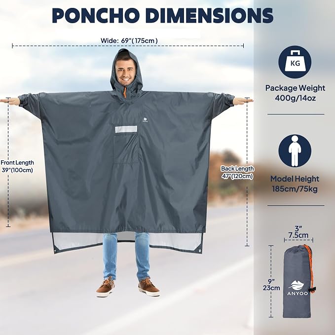 ANYOO Hooded Rain Poncho for Adults Waterproof Lightweight Rain Coat for Men - Image 2