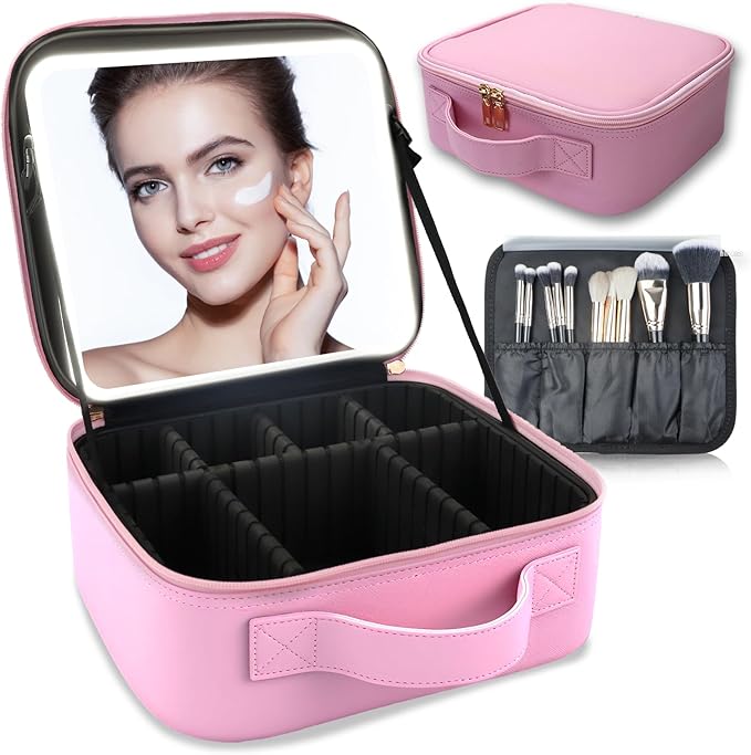 Makeup Bag with Led Mirror, Travel Makeup Organizer with 3 Color Setting by SUILU