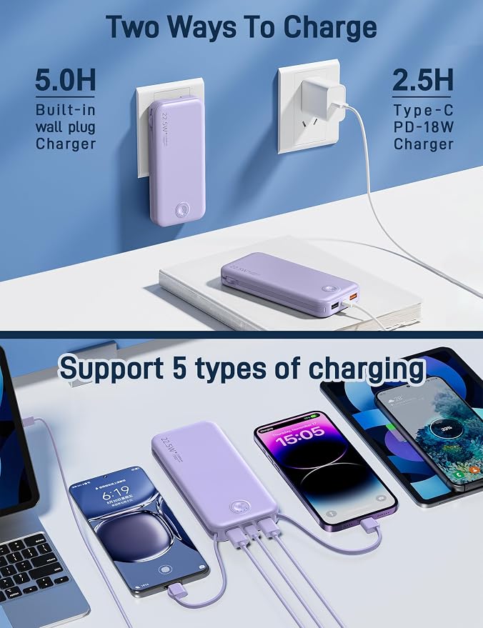 Portable Charger with Built in Cable and AC Wall Plug, USB C Power Bank - Image 5