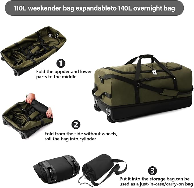Rolling Duffle Bag with Wheels, 110L/140L Expandable Soft-Sided Foldable Duffle - Image 5