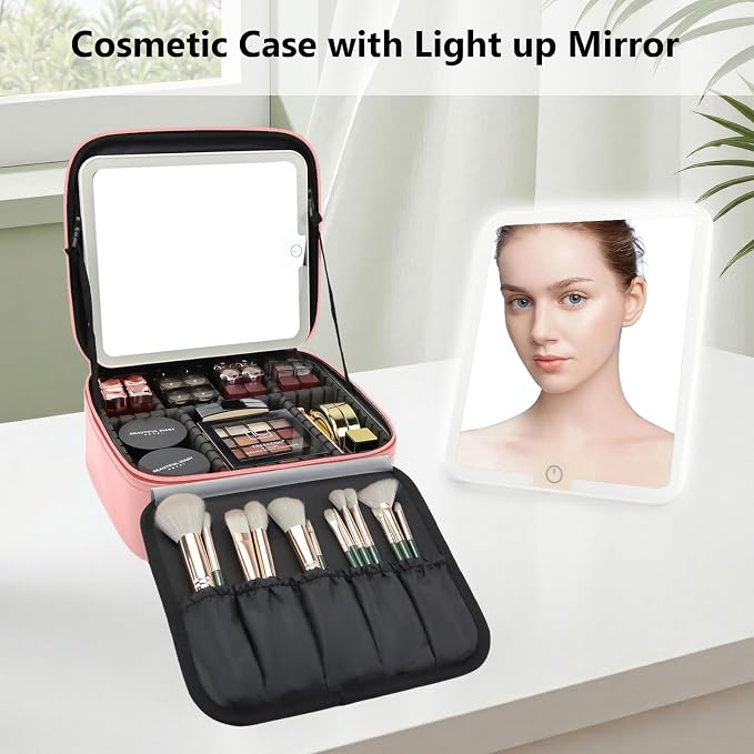 Travel Makeup Bag with LED Mirror Travel Makeup Organizer with 3 Lighted - Image 3