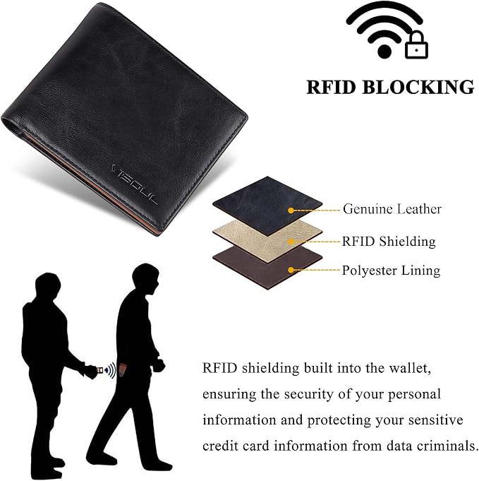 VISOUL Mens Bifold Wallet with 2 ID Windows and 2 Money Compartments, Genuine - Image 5