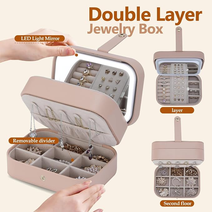 Travel Jewelry Case with LED Lighted Mirror, Personalized Birthday Gifts - Image 2