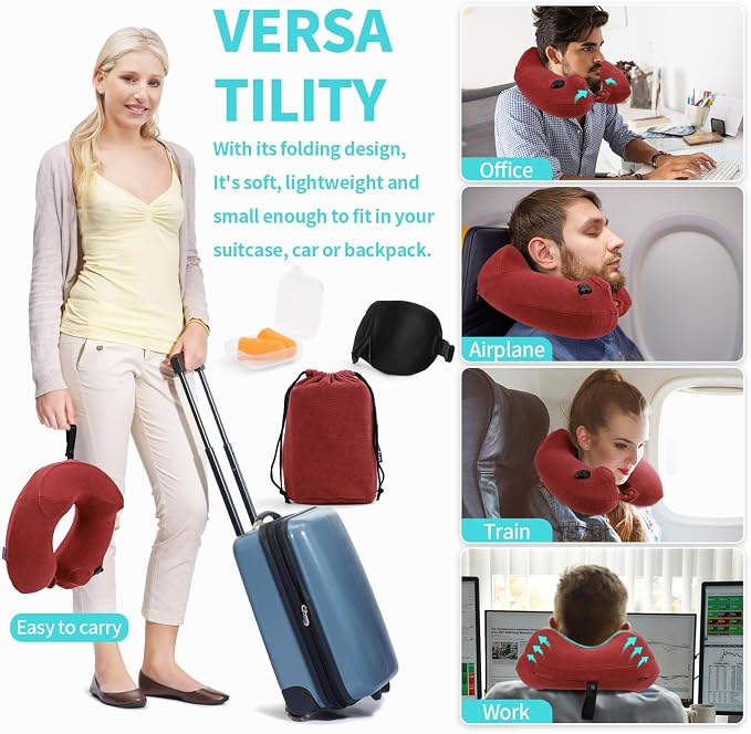 Inflatable Travel Neck Pillow for Airplane, Head Support Velvet Adult Neck - Image 5