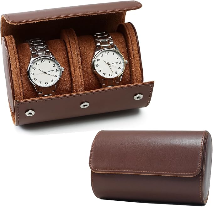 Watch Travel Case, Luxury Leather Watch Roll 2 Slot Organizer Box, Jewelry by Rudmox