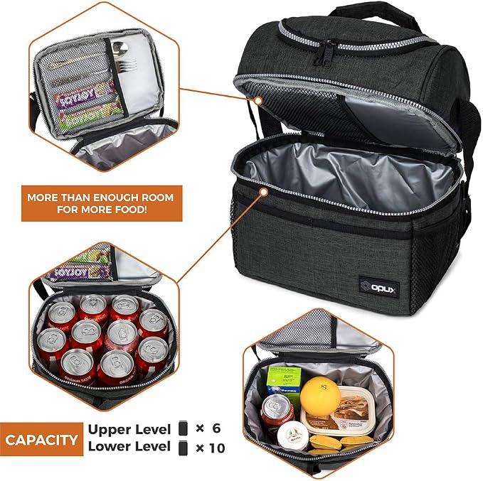 OPUX Lunch Box For Men Women, Insulated Large Double Decker Lunch Bag, Charcoal - Image 7