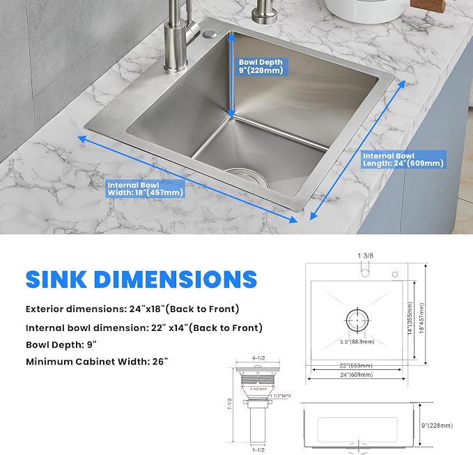 POPFLY 24×18 Inch Drop in Kitchen Sink, Topmount Handmade Single Bowl 18 Gauge - Image 7