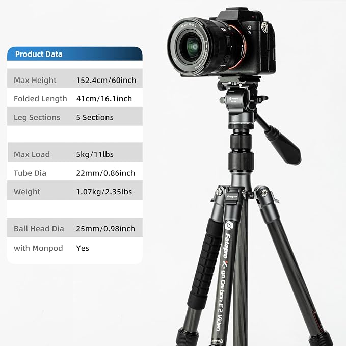 Fotopro 59" Carbon Fiber Travel Tripod, Compact Video Tripods - Image 2