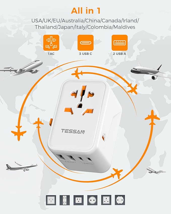 TESSAN Universal Travel Adapter Worldwide, GaN 65W International Plug Adaptor - Image 2