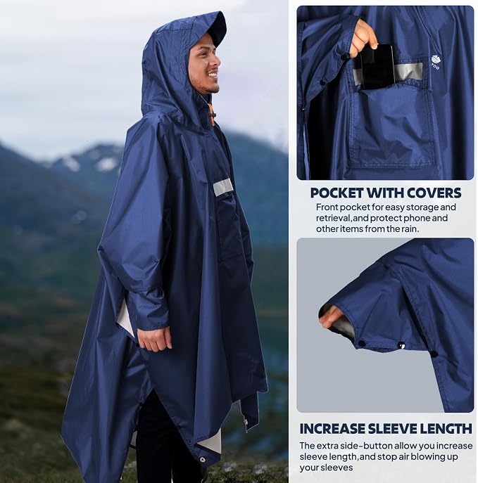 ANYOO Hooded Rain Poncho for Adults Waterproof Lightweight Rain Coat for Men - Image 6