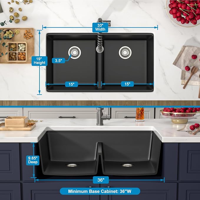 33 Inch Black Undermount Granite Composite Kitchen Sink Under Counter Quartz - Image 5
