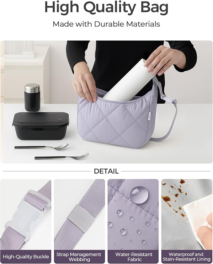 Insulated Lunch Bag for Women, Quilted Reusable Lunch Box - Image 5