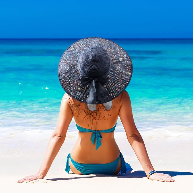 DRESHOW Beach Hats for Women Big Straw Wide Brim Summer Hat Floppy Foldable - Image 3