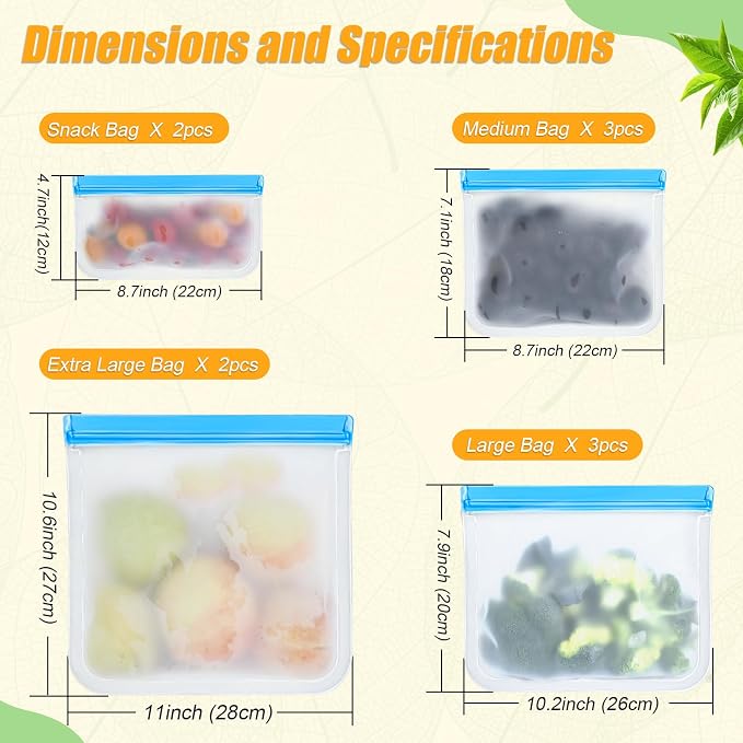 Reusable Silicone Food Storage Bags, 10 Pack 4 Size Leak proof Dishwasher Safe - Image 2