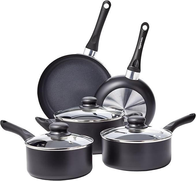Amazon Basics Non Stick Kitchen Cookware 8-Piece Set, Non-Induction, Includes by AmazonBasics