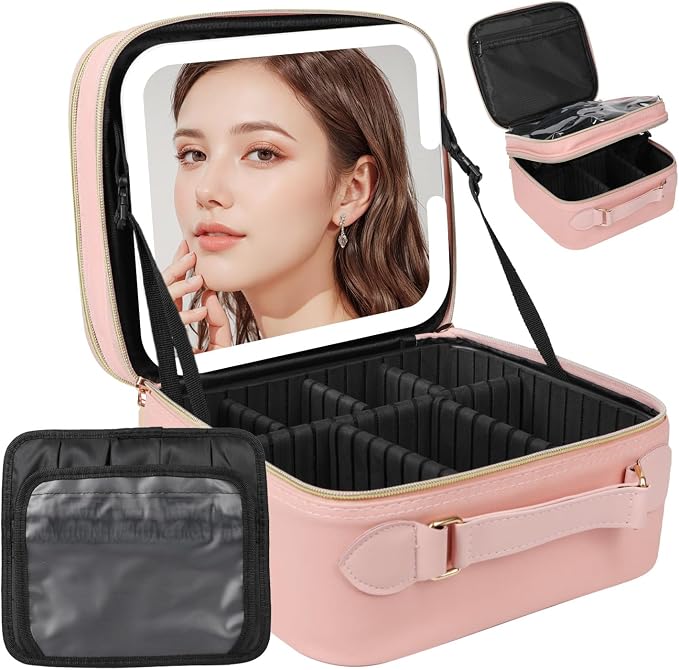 Travel Makeup Bag with LED Mirror Double Layer, Detachable Vanity Mirror with by Behaesty