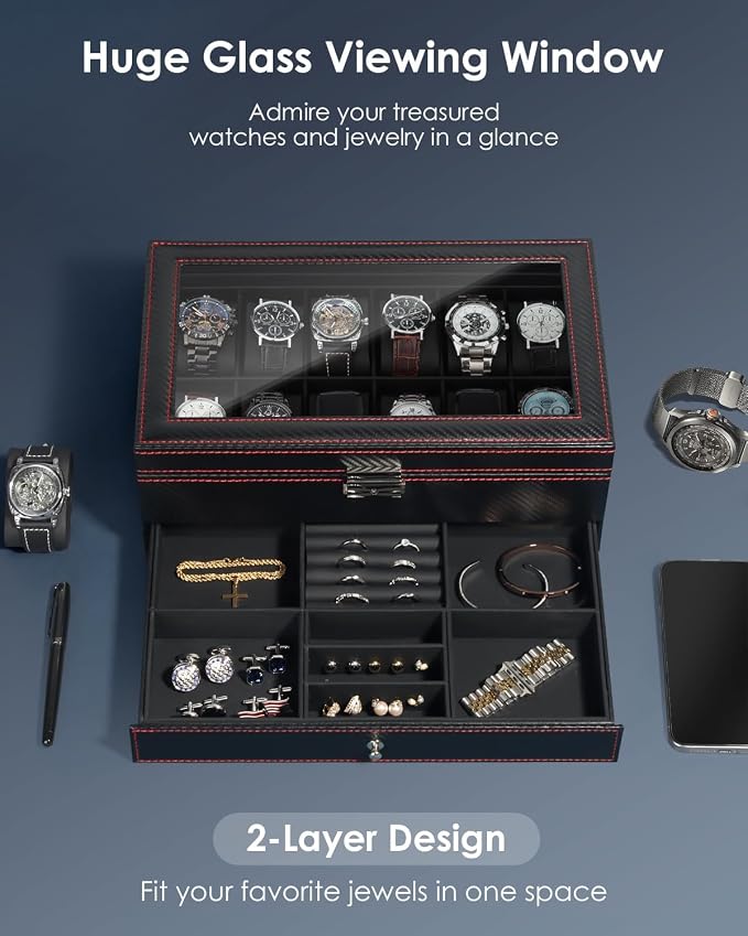 Watch Box Jewelry Organizer, 12-Slot 2-Layer Watch Case Storage - Image 3