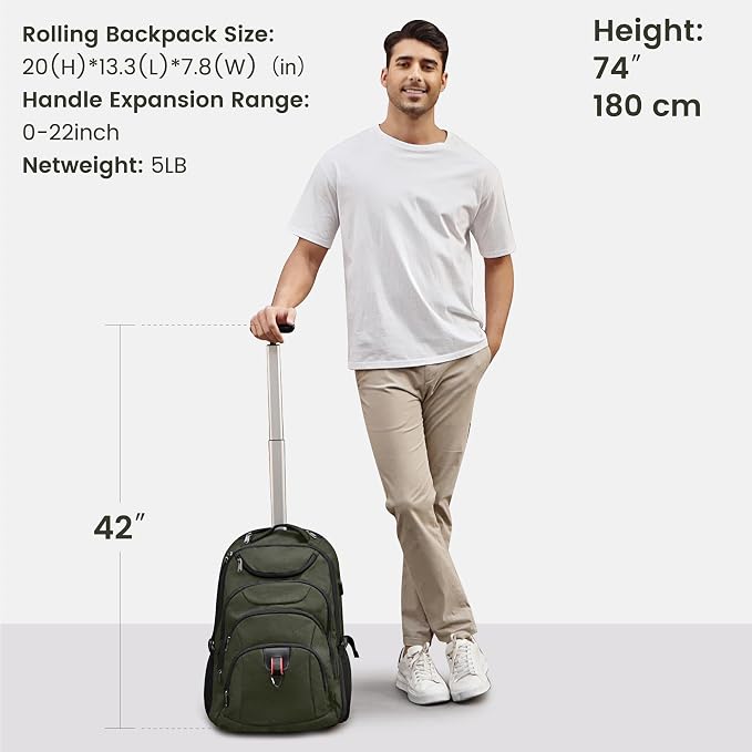 Boavan Rolling Backpack, 17 inch Water Resistant Wheeled Backpack, Carry on - Image 4