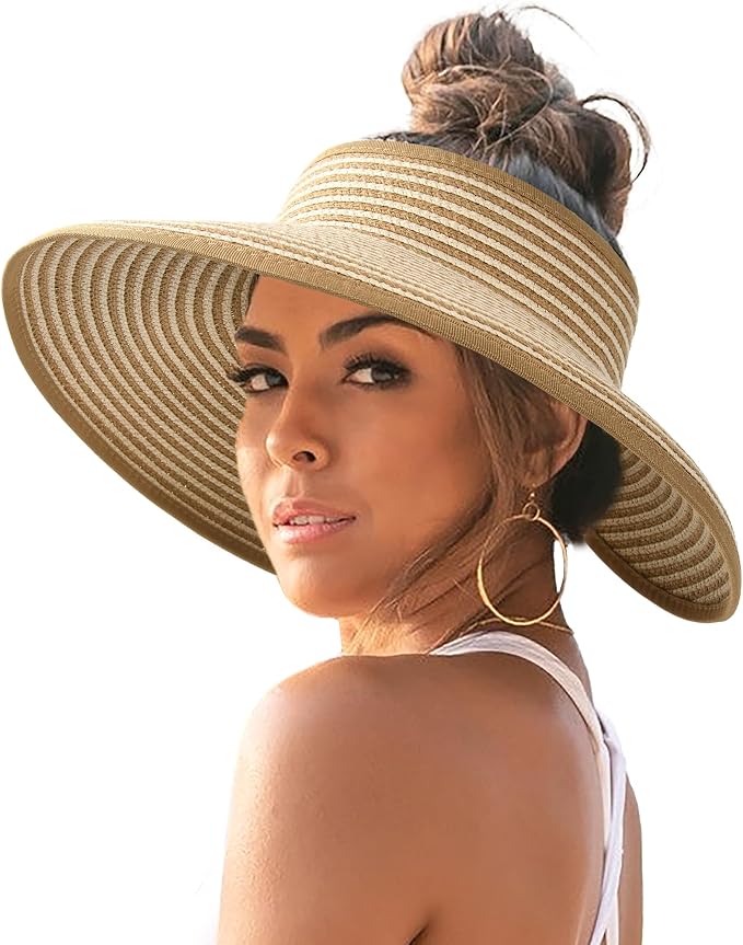 FURTALK Sun Hats for Women Wide Brim Beach Hat Straw Visor Ponytail Summer UV by FURTALK