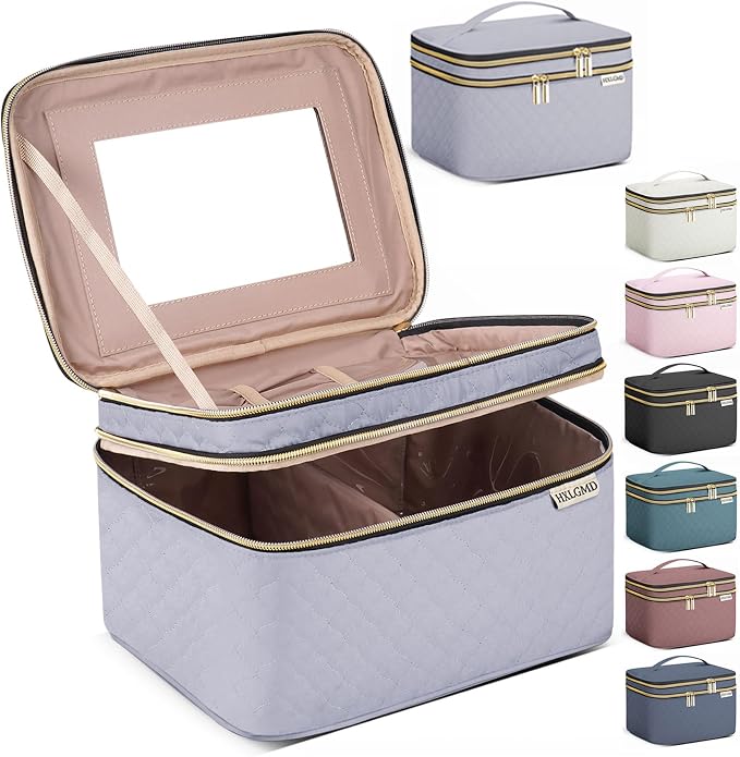 Large Makeup Bag with Mirror Double Layer Travel Make Up Organizer Case by HXLGMD