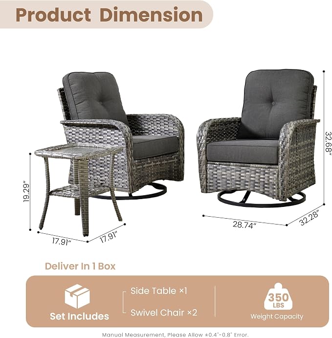HOOOWOOO Patio Furniture Set, 3 Pieces Outdoor Conversation Set, All Weather - Image 7