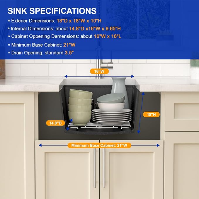 Dcolora 18 In. Wet Bar Sink Granite Composite Undermount Kitchen Sink Black - Image 6