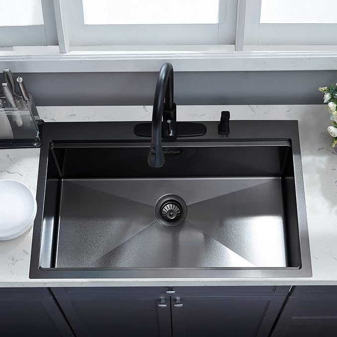 Kitchen Sink, 33 x 22 Drop in Kitchen Sink Gunmetal Black 16 Gauge Stainless - Image 3