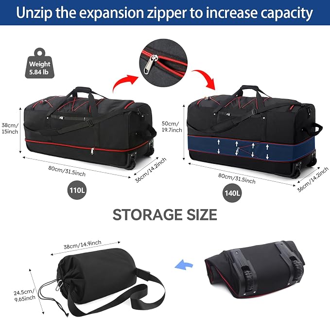 110L Expandable to 140L 32” Foldable Oxford Soft-Sided Rolling Duffle Bag - Image 2