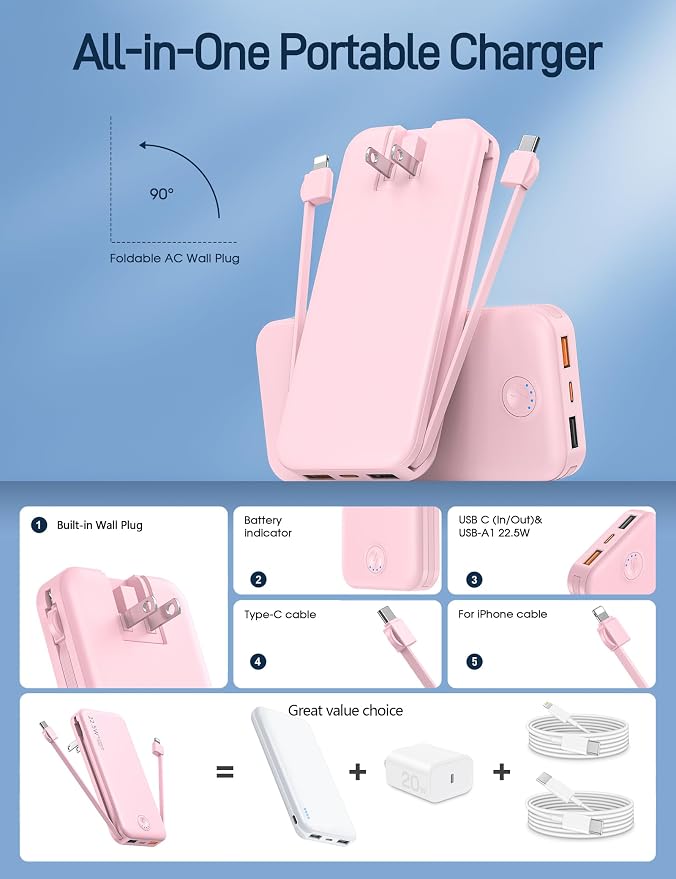 Portable Charger with Built in Cable and AC Wall Plug, USB C Power Bank - Image 2