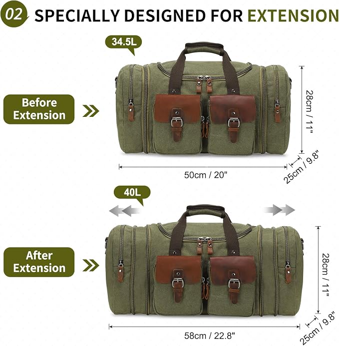 Canvas Duffle Bag with Genuine Leather Accents, Expandable 20-23 Inch Travel - Image 3