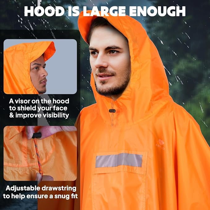 ANYOO Hooded Rain Poncho for Adults Waterproof Lightweight Rain Coat for Men - Image 4