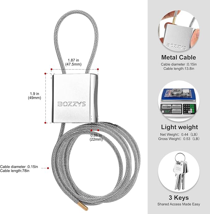 Adjustable Cable Locks with 3 Keys | 6.56ft L x 1/6in D Aluminum Steel Cable - Image 2