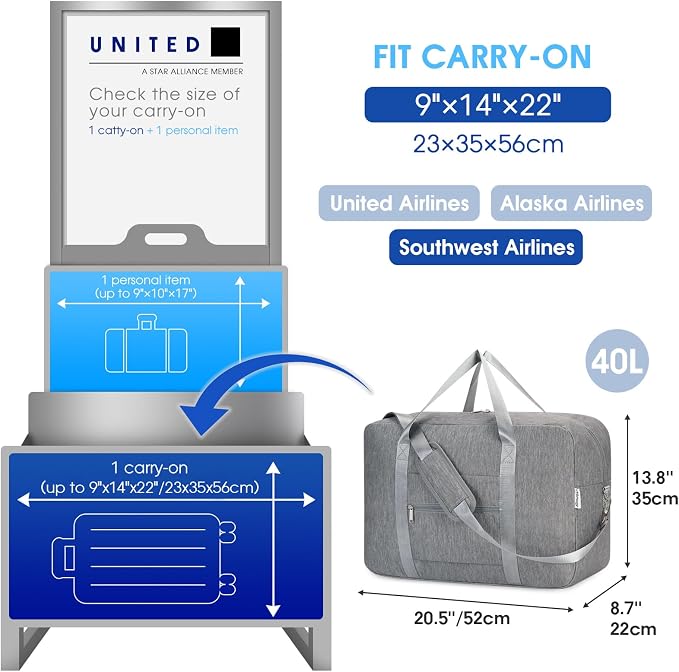 Carry on luaggage 22x14x9 Airlines Approved Foldable Carry on Bag Travel Duffel - Image 2